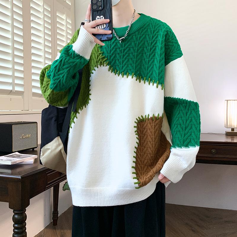 Sweater Men's Knitted Sweater American Contrasting Splicing Casual Round Neck Sweater Men