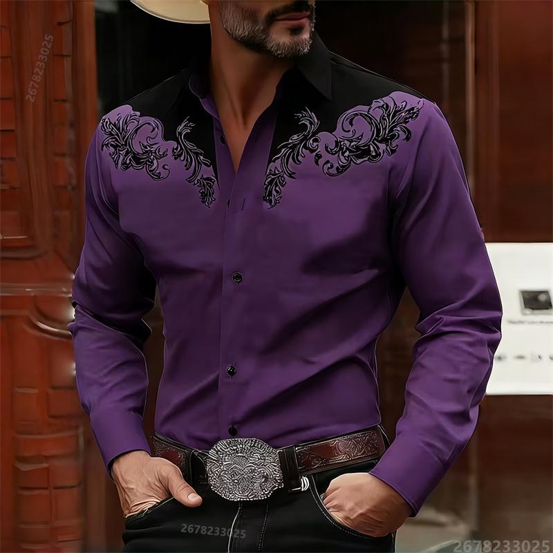 Camisa de Manga Larga para Hombre Estilo Vaquero Occidental Estampado de Bloques de Color Blanco y Negro, Top Casual de Moda Retro, Tejido de Alta Calidad