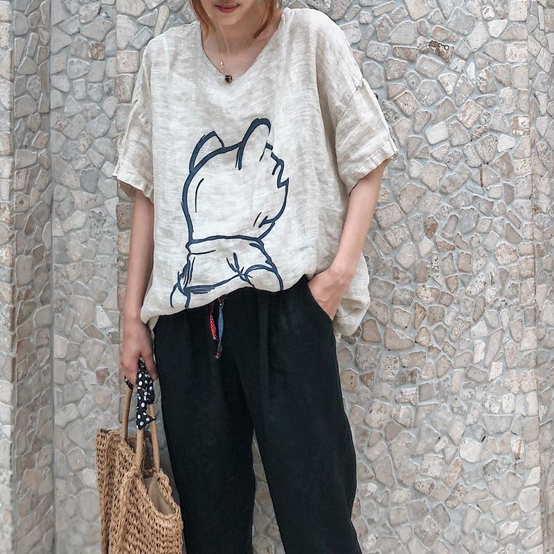 Dimanaf 2025 Women T-shirt Summer Linen Shirt Blouse Short Sleeve Fashion Tops Tees Loose Tees New Black Blouse