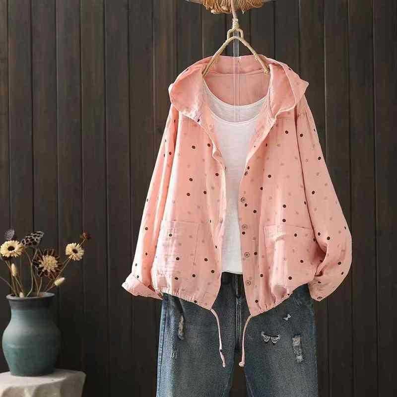 Cardigan con cappuccio e bottoni a pois stampati primaverili da donna