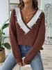 Color Block Patchwork Pearl Beaded V-Neck Loose Knit Sweater for Women
