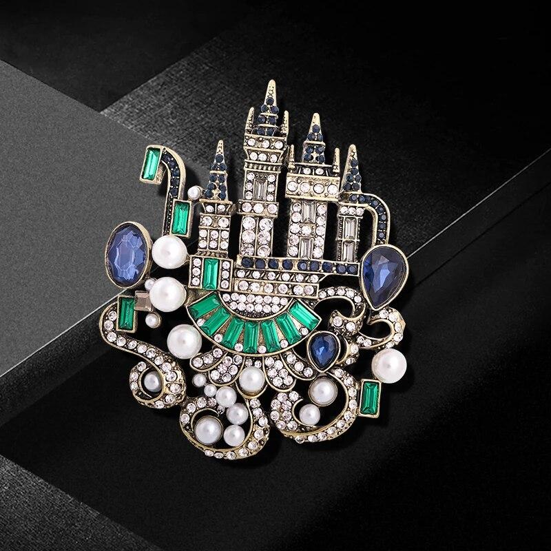 

Броши с замком из циркона, винтажные романтические женские модные темпераментные броши из сплава с искусственным жемчугом, вечерние броши для банкета, подарки зелёный