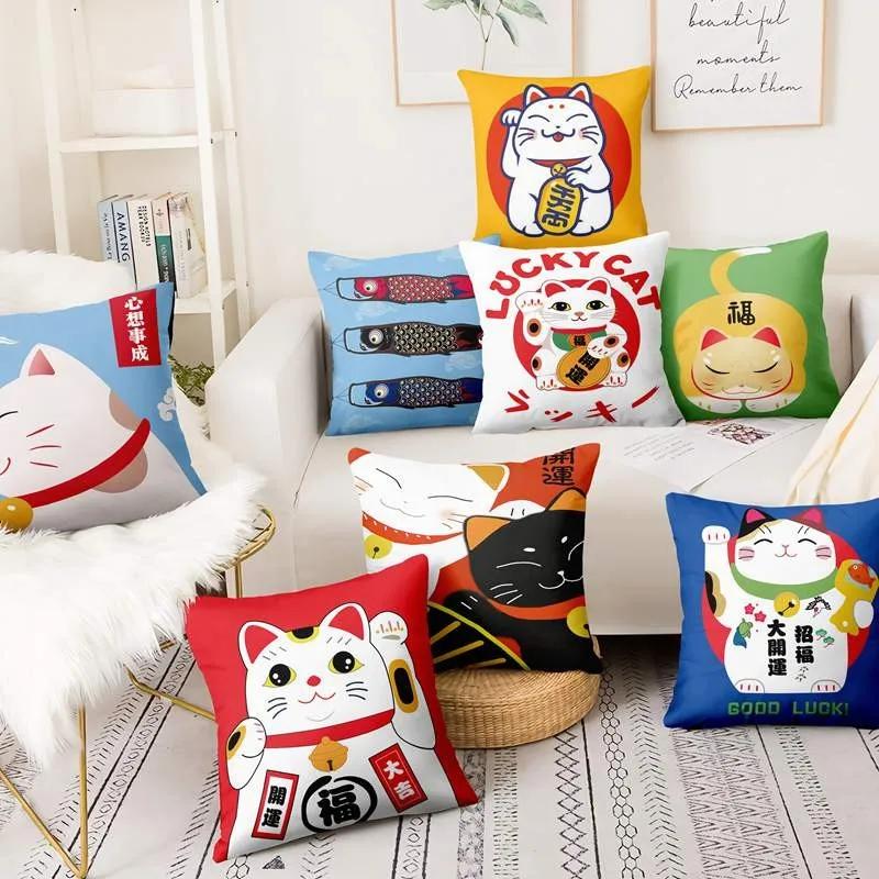 45X45Cm Polyester Japanese Lucky Cat Printing Pillowcase Home Pillow Decoration Ukiyo-E Cushion