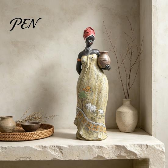 Resin Figurine for Home African Lady Figurine, Ethnic Sitting/Standing Woman Statue, Hand-Painted Bohemian Decor Decorative Desk Living Room