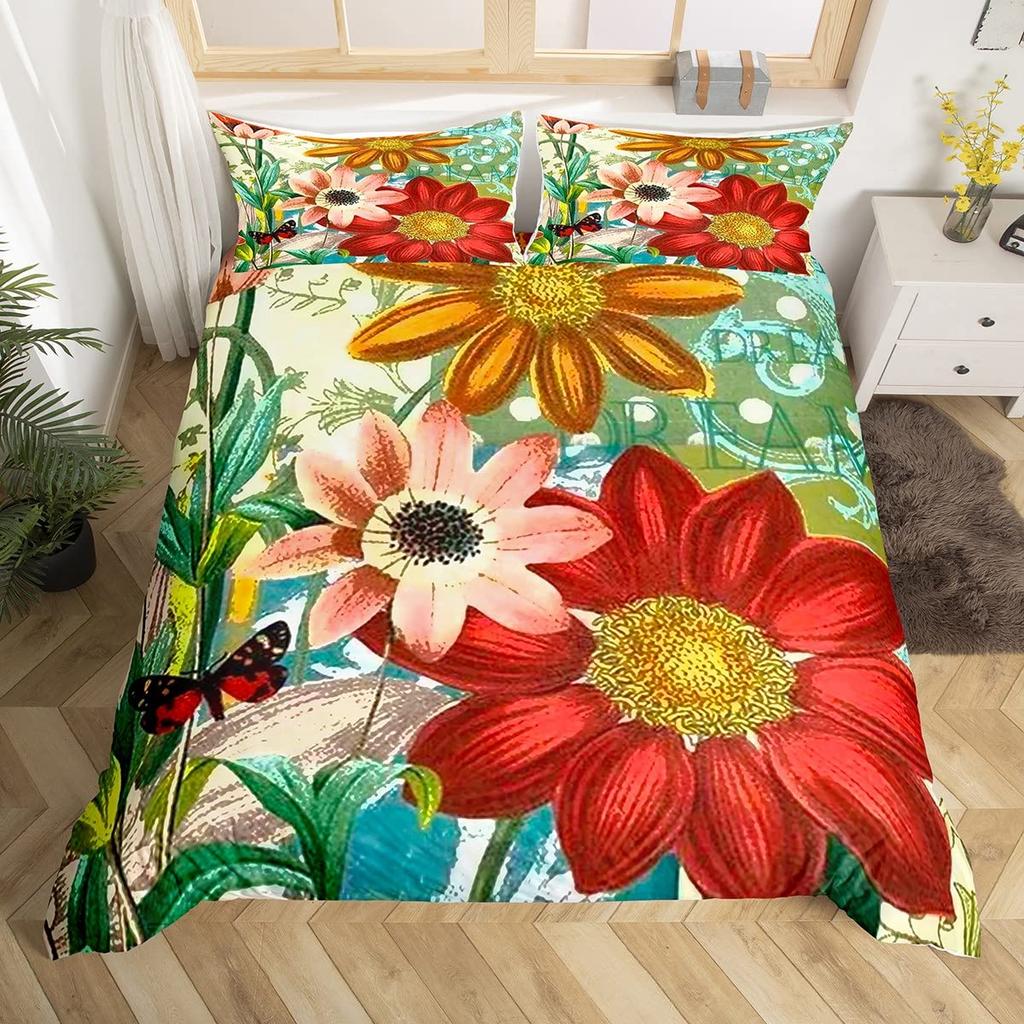 Vintage Groovy Flower Duvet Cover Cute Rainbow Butterfly Bedding Set Retro Floral Boho Pink Comforter Cover with 2 Pillow Case