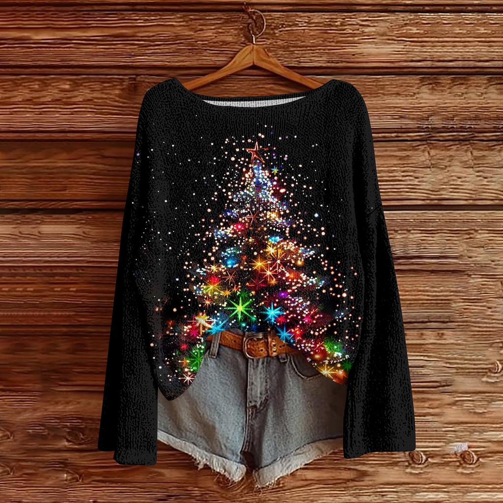 Women's Casual Fashion Round Neck Top Christmas Print Long Sleeve Knit Pullover
