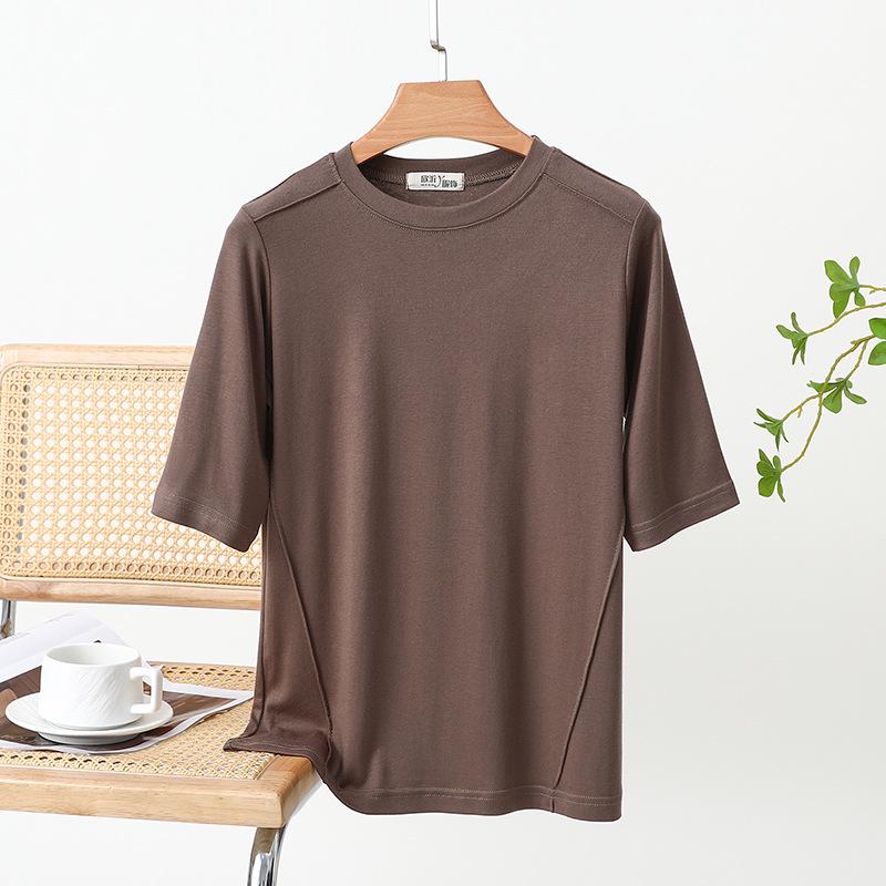 Women's Summer Patchwork Loose T-Shirt with Round Neck and Five-Sleeve Design