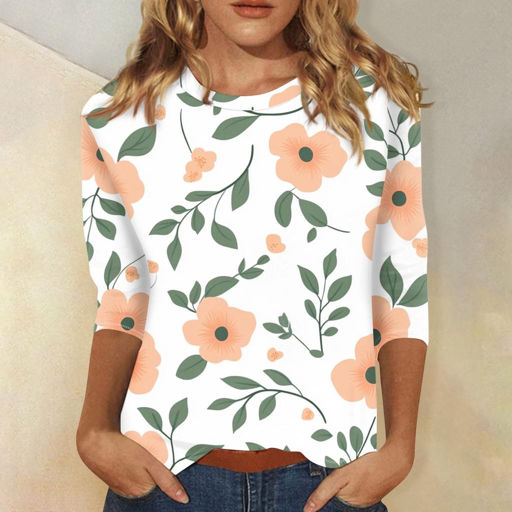 Damenmode Lässig Rundhals Bedrucktes 3/4 T-Shirt Top