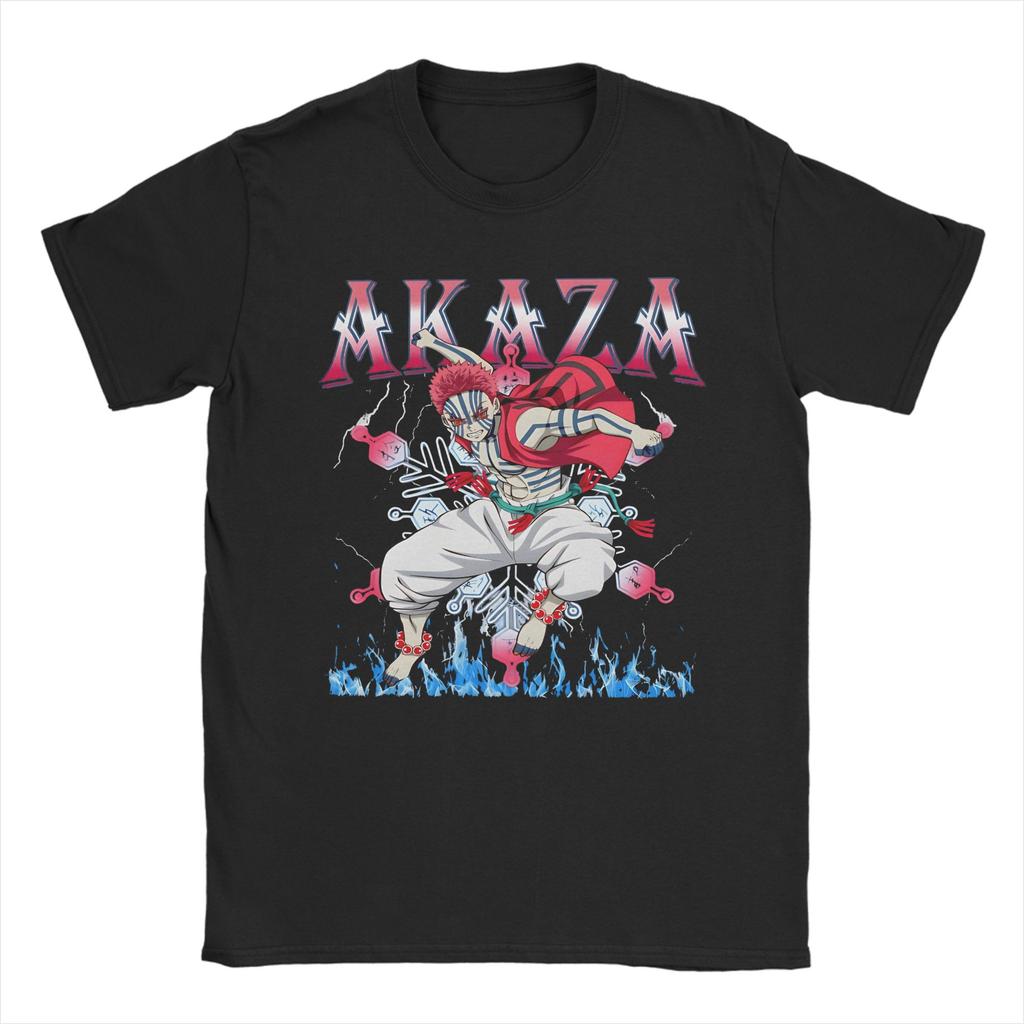 Demons Slayers Akaza Tshirts Men 100%Cotton Tops Hip Hop Anime Crewneck Short Sleeve