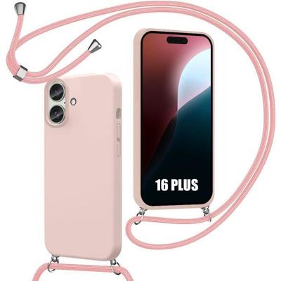 Case - BOOLING - for iPhone 16 Plus - Liquid Silicone Protection - Pink Lanyard - Flexible
