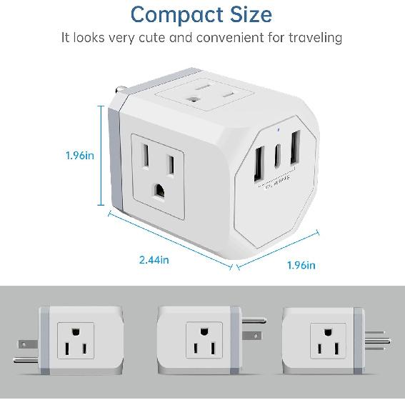 Multi Plug Outlet Extender 2 Pack, Small Electrical Outlet Splitter with 3 USB Ports (1 USB-C), Multi Outlet Plug in for Cruise Ship, Travel, Home,