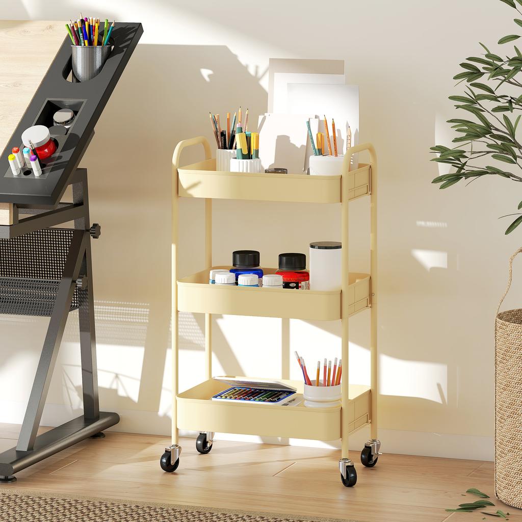 Serving Cart, Steel Trolley, 3 Perforated Shelves, 45 x 30.6 x 79 cm, Yellow