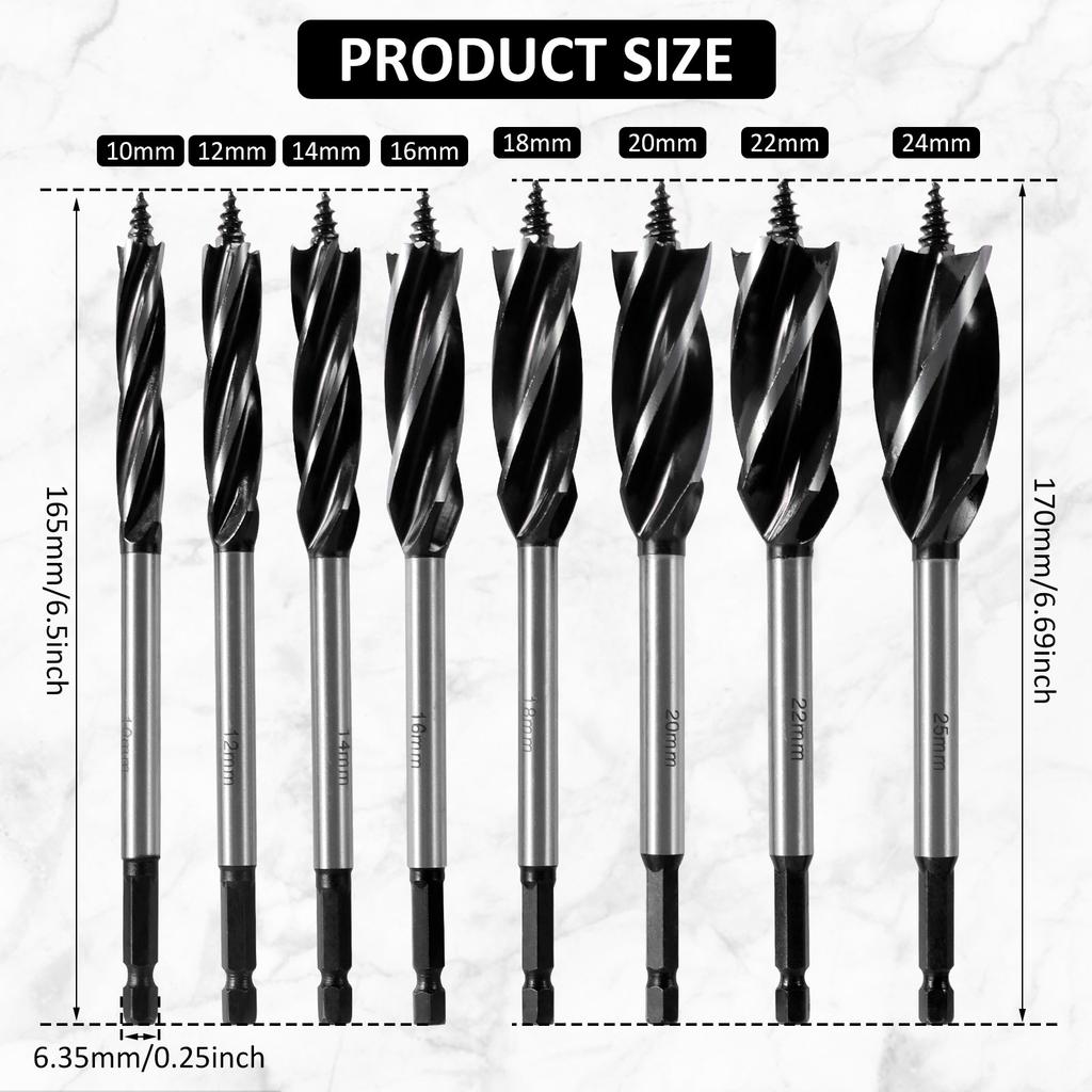 8Pcs Wood Auger Drill Bit Set High-Carbon Steel 4 Flute Cut Drilling Bit Kit 10-25mm Self-Tapping Hex Shank Wood Hole Drill Bit
