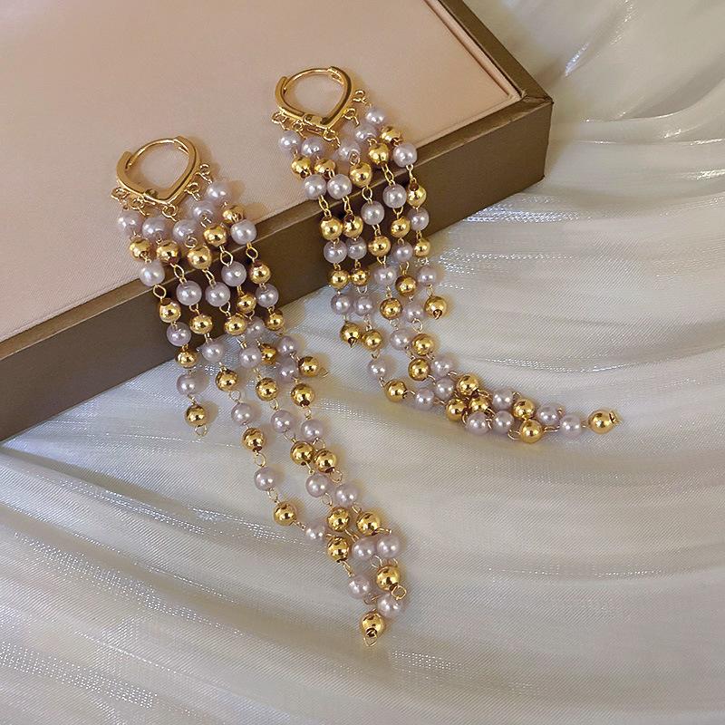 Zinc Alloy Needle Water Drop Pearl Flower Tassel Earrings for Women French Vintage Palace Style Drop Earrings Vintage Zircon