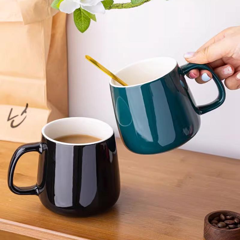 Mug with Lid and Spoon Set Coffee Mug Office Home Ceramic Belly Capacity Men's Drinking Cup Girls