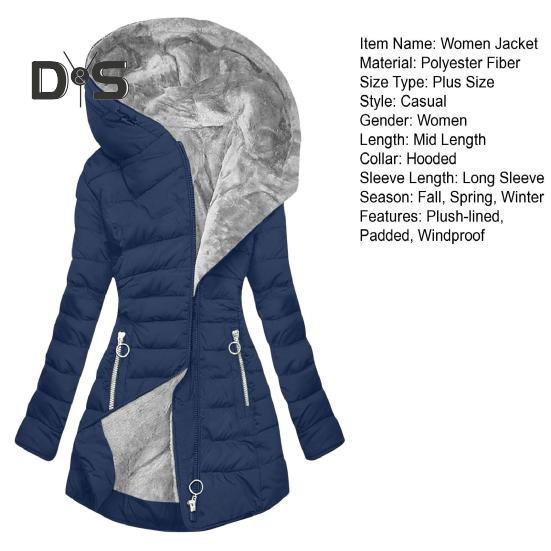 Giacca invernale da donna imbottita taglie forti con fodera in peluche, chiusura con cerniera imbottita, lunghezza media, con cappuccio, tinta unita, caldo, antivento