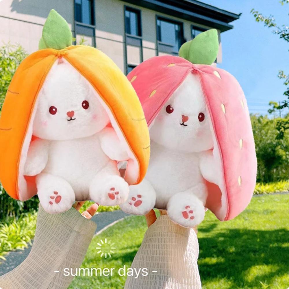 25cm Cosplay Strawberry Carrot Rabbit Plush Toy Stuffed Creative Bag Fruit Transform Baby Cuddly Bunny Plushie Doll For Kid into Fluffy Huggable