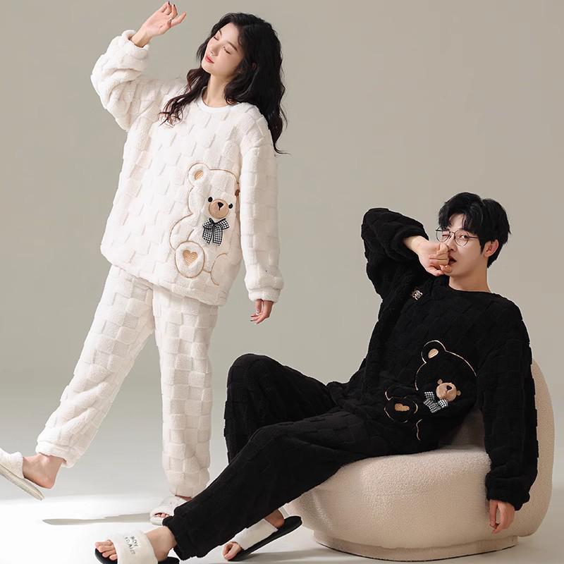 Couples' Coral Fleece Pajamas Set - Thickened Flannel for Autumn/Winter