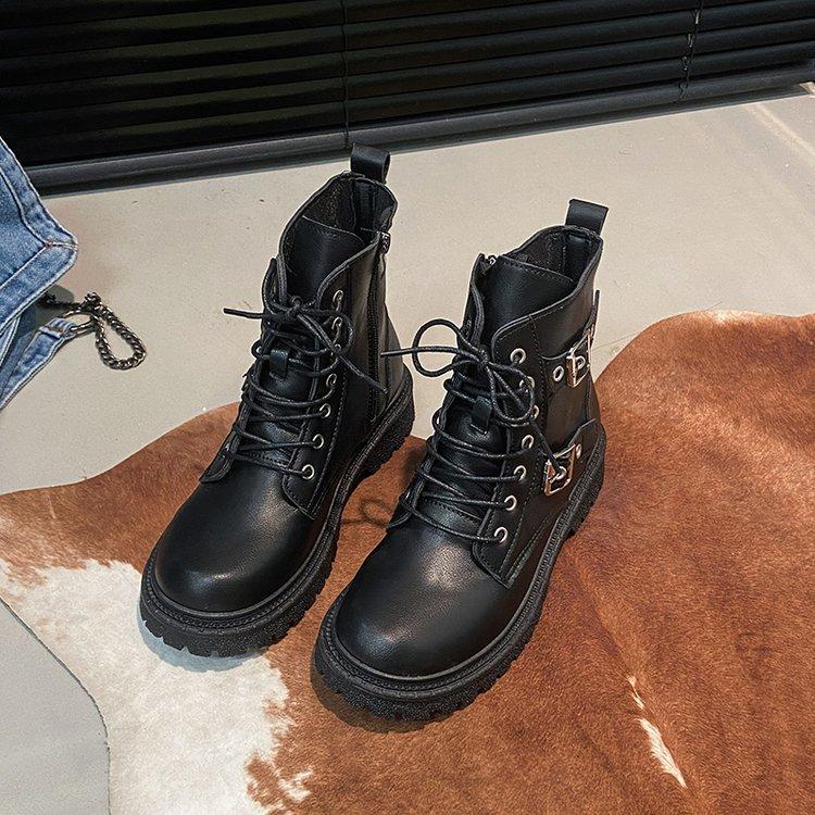 Round Toe Fashionable Side Zipper Motorcycle Shoes Solid Color Elegant Warm Casual Lace-up Non-slip Women's Boots