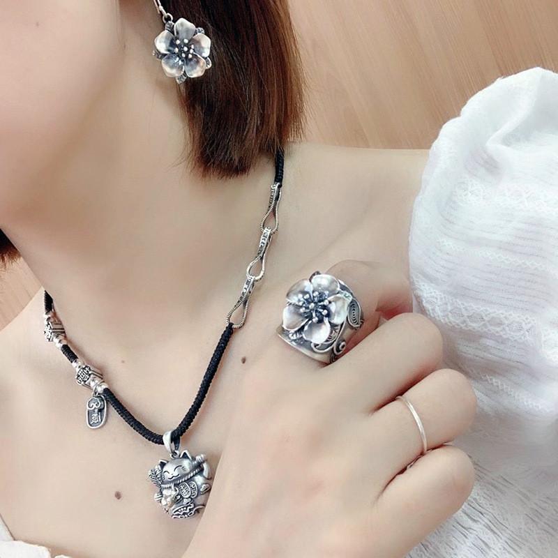 Beautiful S925 Silver Wide Adjustable Ring Featuring Elegant Fish And Geometric Patterns