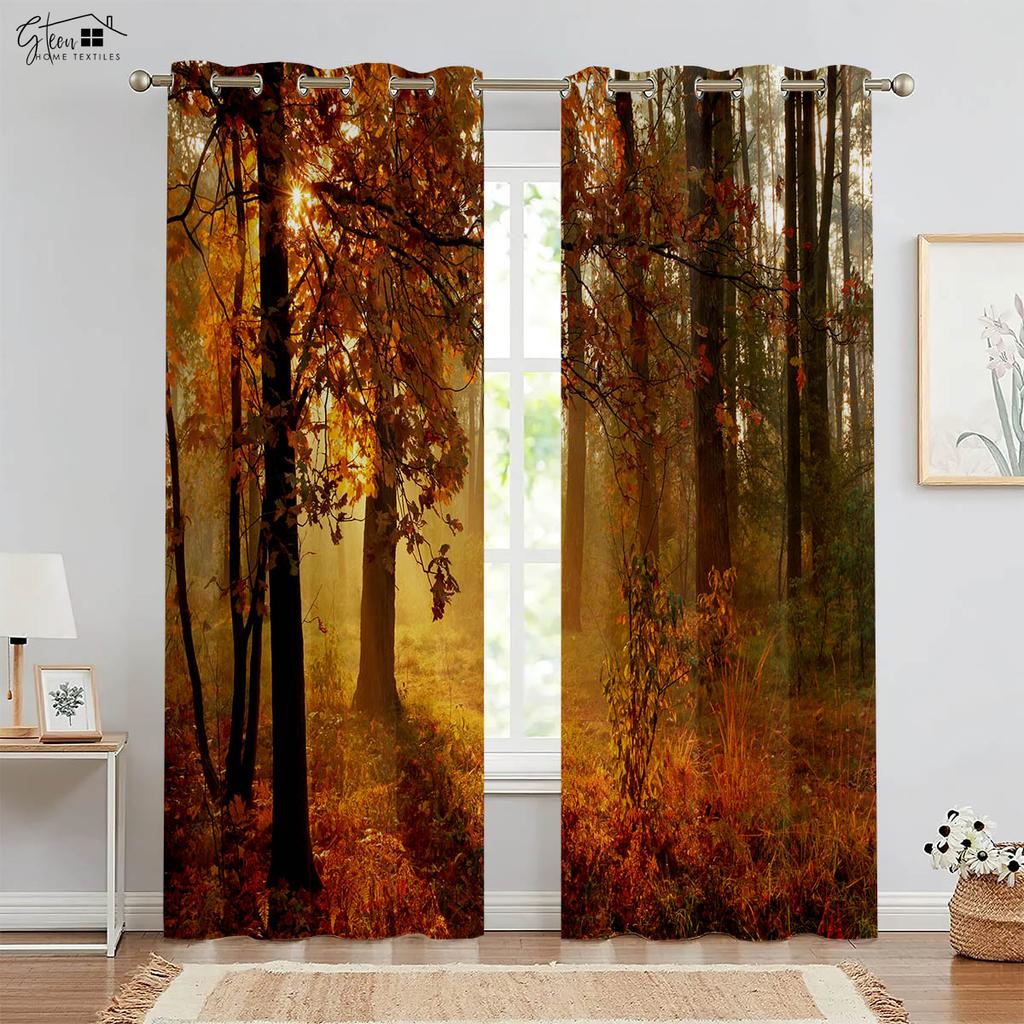 Κουρτίνες δάσους 3D εκτυπωμένες τοπίο πράσινο ηλιοφάνεια φύλλο σφενδάμου φύση ζωτικότητα B&B ξενοδοχείο υπνοδωμάτιο σαλόνι κουρτίνες 2 ΤΕΜ