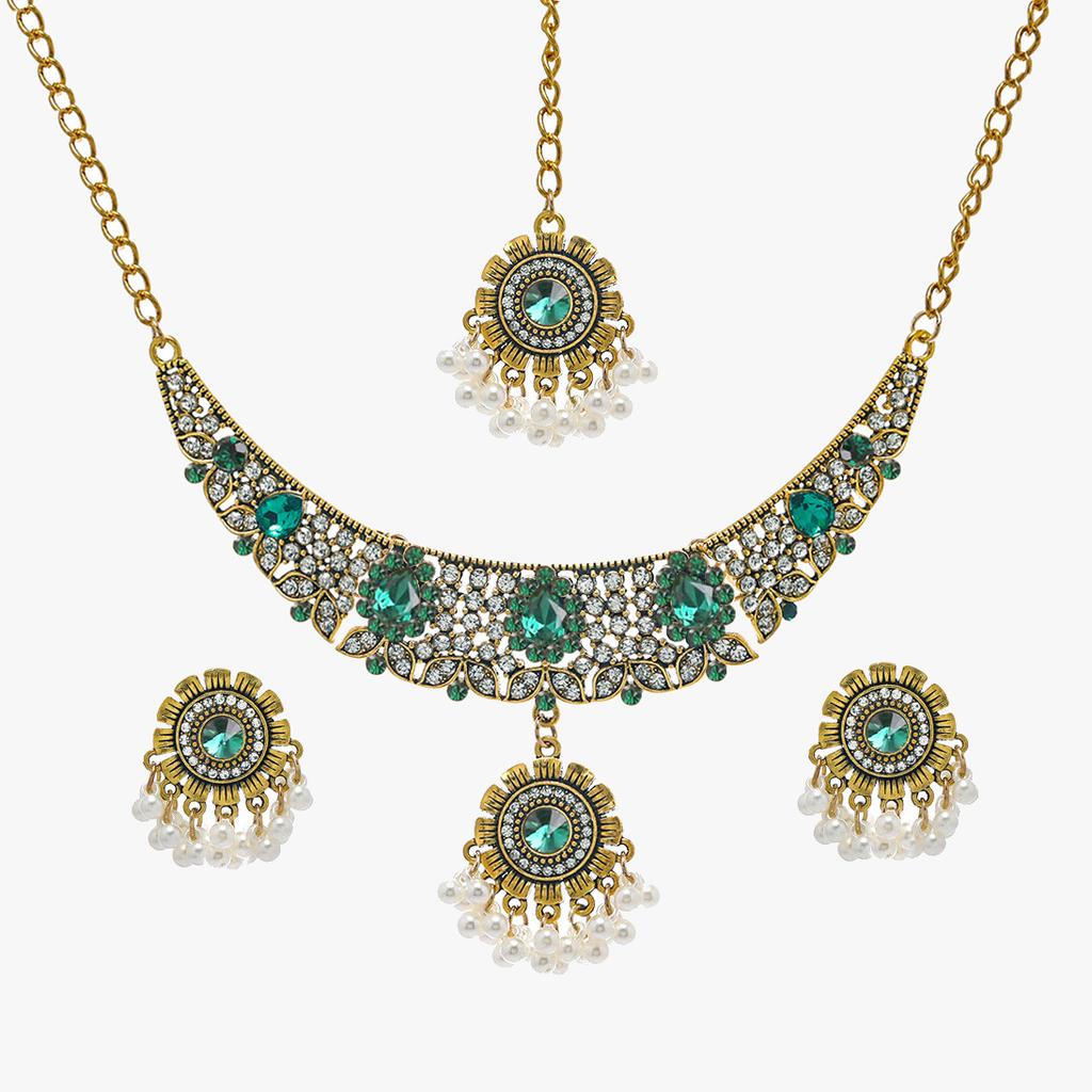 Indiase Strass Kwast Ketting en Oorbellen Set, 3-delige Etnische Mode Sieraden