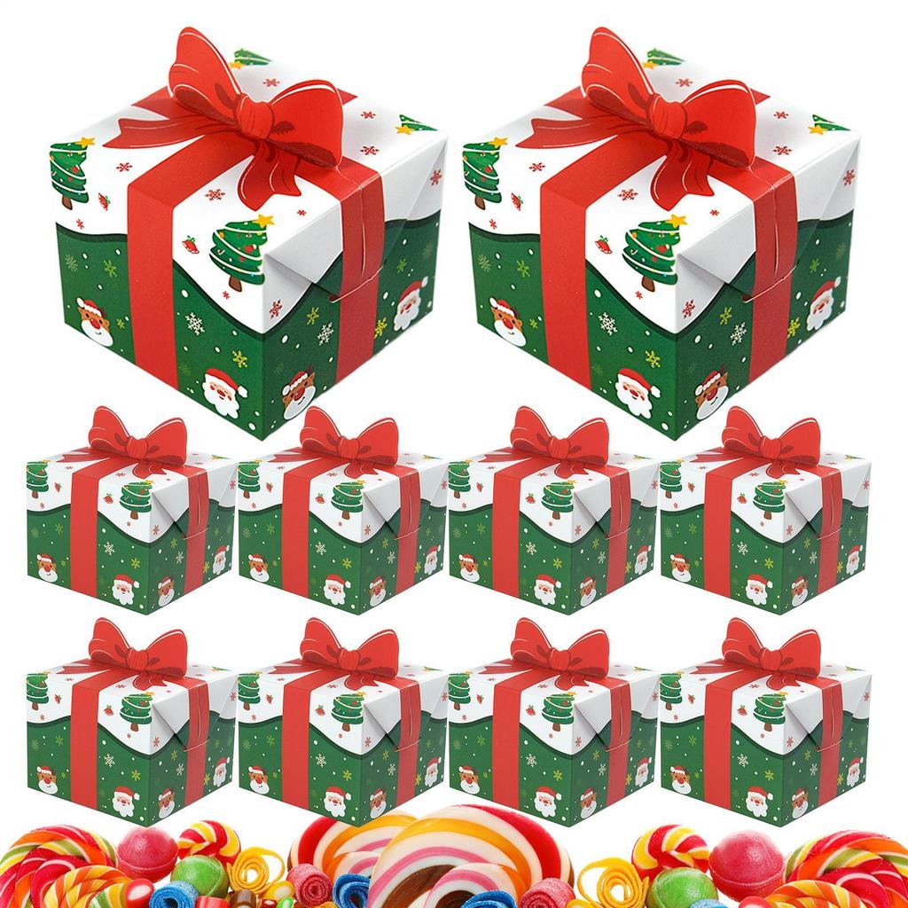 10pcs/pack 3D Christmas Gift Box Red Bow Christmas Gift Packaging Paper Box Mini Christmas Folding Gift Container For Chocolate