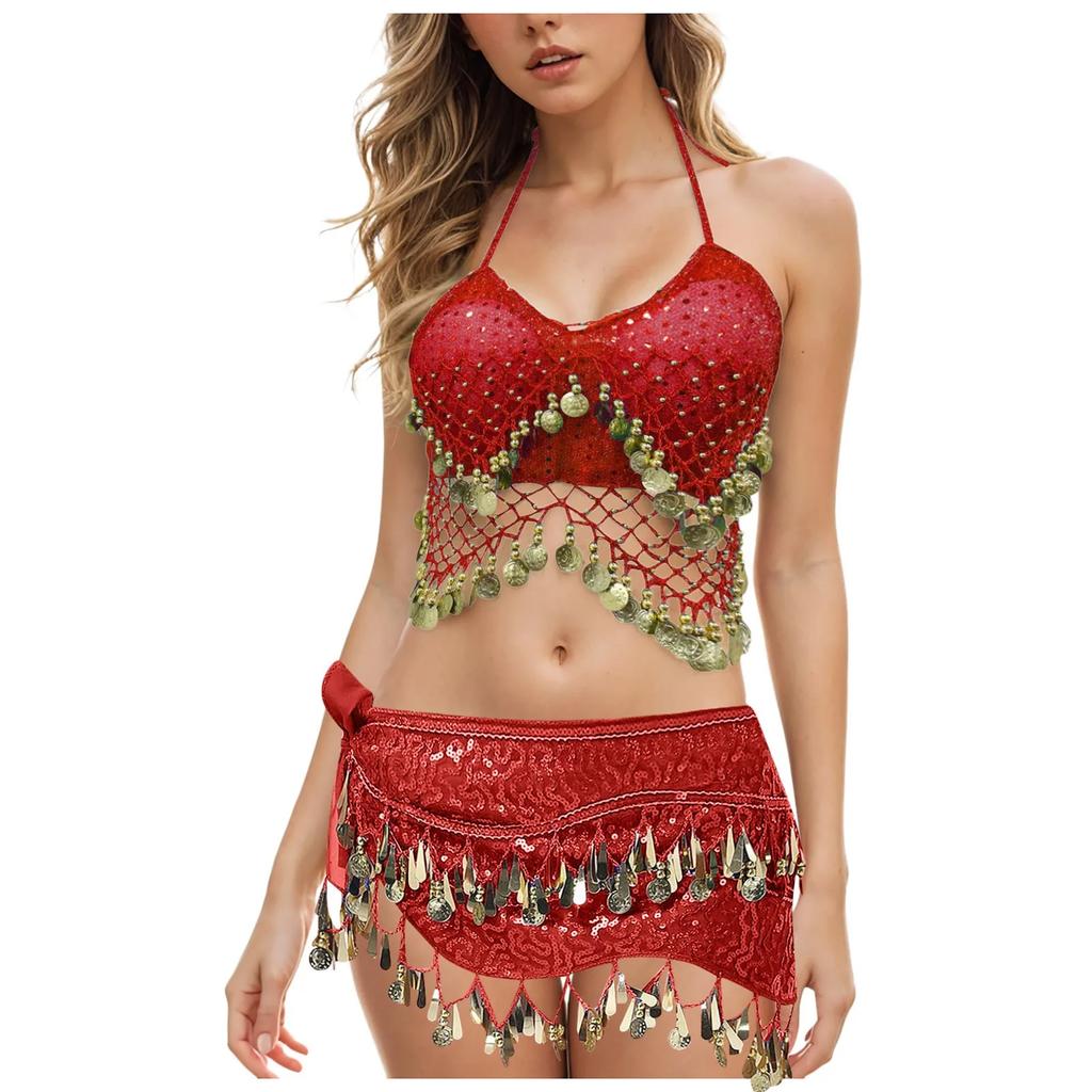 Belly Dance Costume Beads Crisp Tassel Crop Top Halter Suspenders Underwear Performance Party Tops Without Bottom For Women