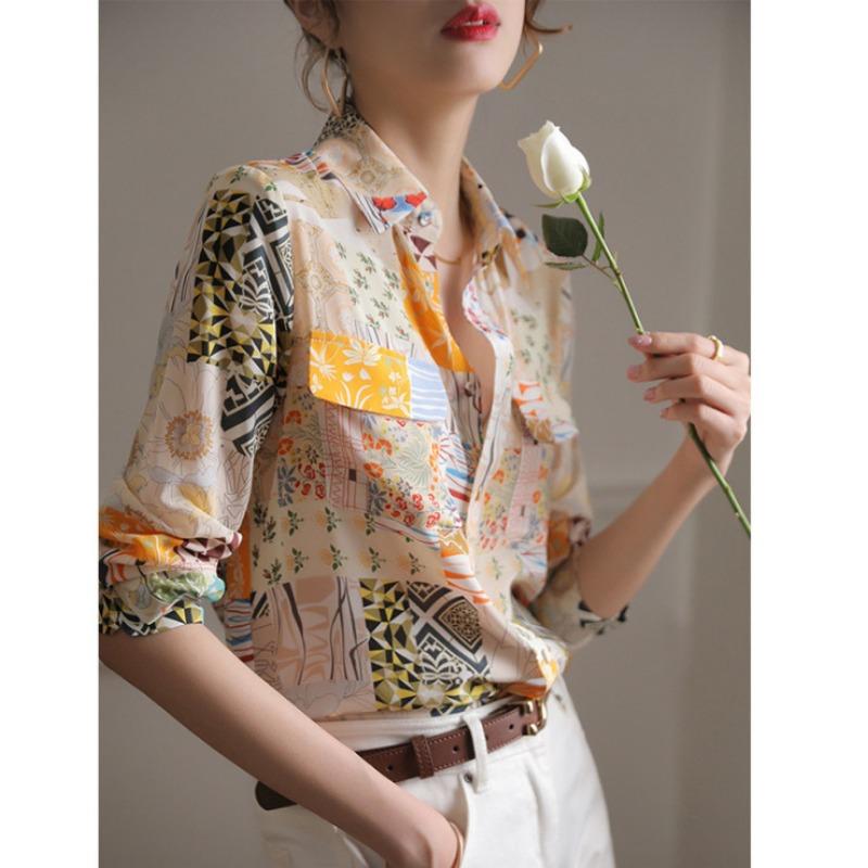 Women S Loose Long Sleeve Printed Turn Down Collar Casual Blouse Shirt