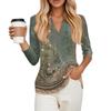 Women's Fashionable Casual Lapel T-Shirt With Retro Floral Print Seven Quarter Sleeve Top