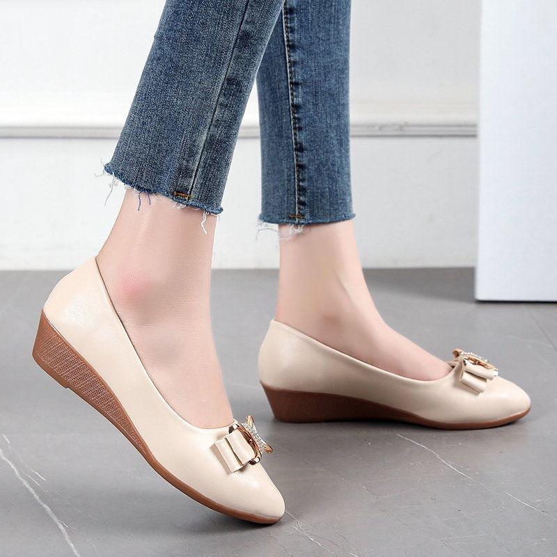 Fashion Woman Pumps with Bow Pointed Toe Wedge Heel Leather Casual Shoes for Women Vacation Chic and Elegant Comfortable On Promotion 39
