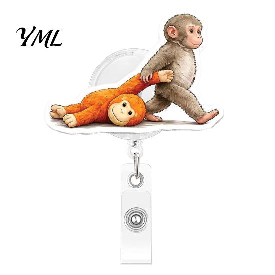 Easy Pull Keychain for Office Retractable Badge Holder, Cute Monkey Pattern Print 360 Degree Rotating Cartoon Access Card Reel Clip, Acrylic