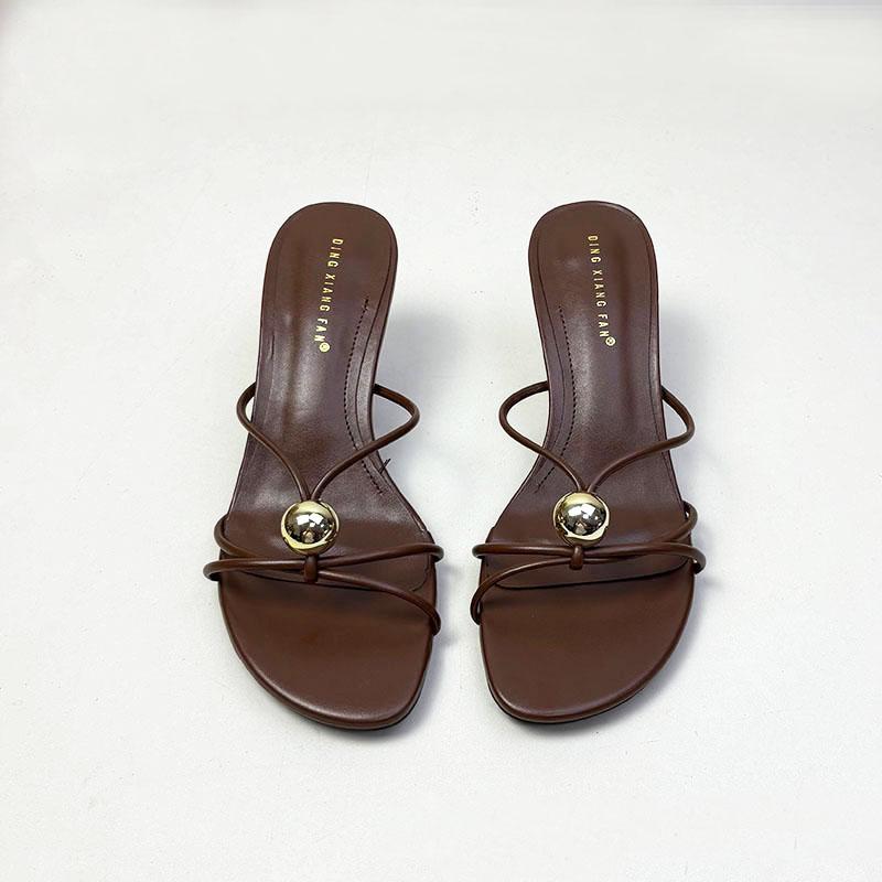 Fashion 2025 New Fashion Metal Women Thin Heels Sandals Shoes Female Round Toe Footwear Ladies Medium Heels Sandals Slides Pumps Shoes