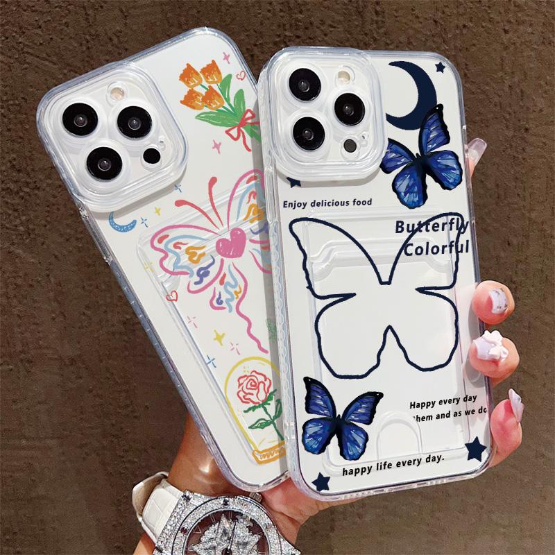 Card Slot Holder Silicone Wallet Pocket Case For Oppo A38 A58 A60 A78 Infinix Note 30 Samsung A06 A16 A36 A56 Redmi Note 13 Cover Clear Phone Bumper