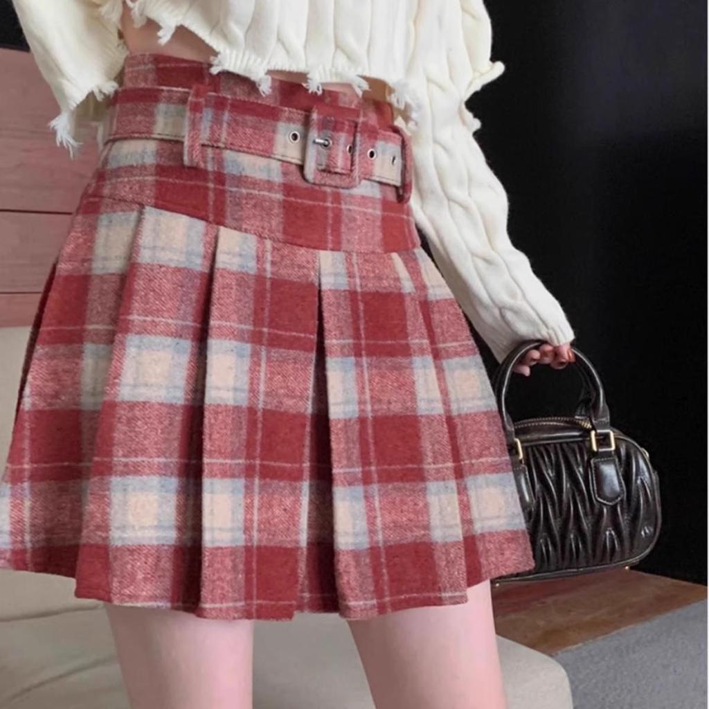 Women's Retro Plaid Wool-Blend A-Line Skirt: High Waist, Slimming, Pleated, Petite, for Spring/Autumn 2025