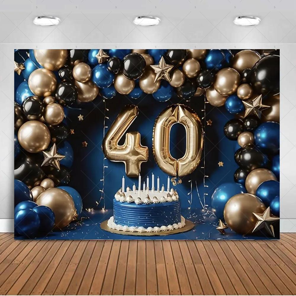 40th birthday party decorations, backdrop, black and gold theme, balloon banner, photo studio props4852