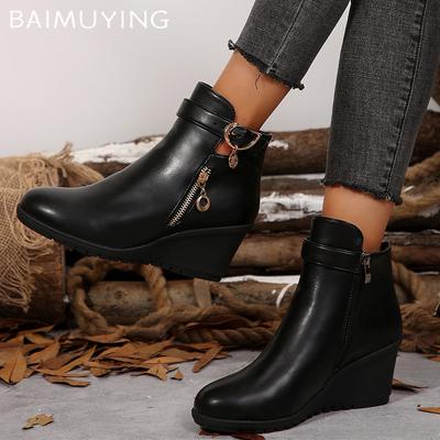 Women Wedges Ankle Boots Leather Designer Buckle Mid Heels Retro Shoes New Brand 2025 Trend Winter Classic Zipper Botas De Mujer
