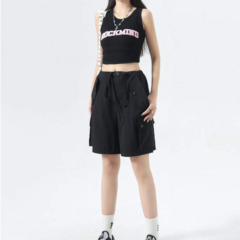 Damen Rosa Latzhosen Shorts 2023 Sommer Dünn Hohe Taille Lässig Locker Weitbein Amerikanische Sport Radshorts Bequem Y2k