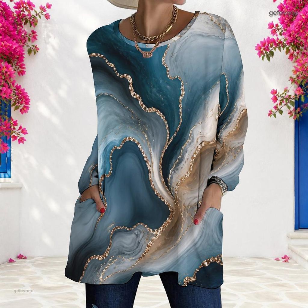 Women Plus Size Round Neck Long Sleeve Swirl Printed Colorful Loose Longline T Shirt With Pockets