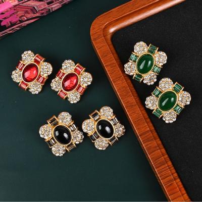 New Square Heavy Industry Stained Glass Earrings Hong Kong Style Full Diamond 925 Stud Earrings