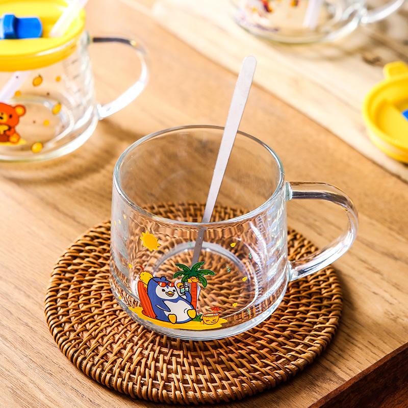Home Office Coffee Cup with Lid Glass 350ml Cartoon Cute Water Cup with Straw Milk Double Drink Cup