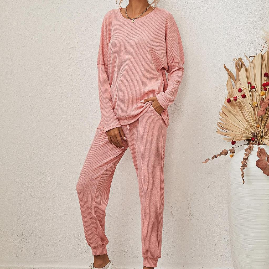2025 Autumn Winter Women's Solid Color Loungewear Set, Long Sleeve Round Neck Top With Loose Fit Pants, Comfortable Two Piece Pajama Set For Home Wear