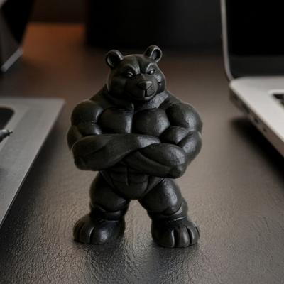 3D Printed Muscle Bear Statue Matte Black Fitness Ornament for Office