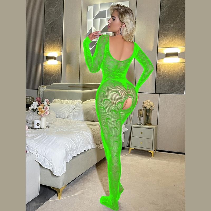 Women Fishnet Mesh Bodystocking Long Sleeve Bodysuit See Through Tights Nightwear Erotic Lingerie Crotchless Jumpsuit