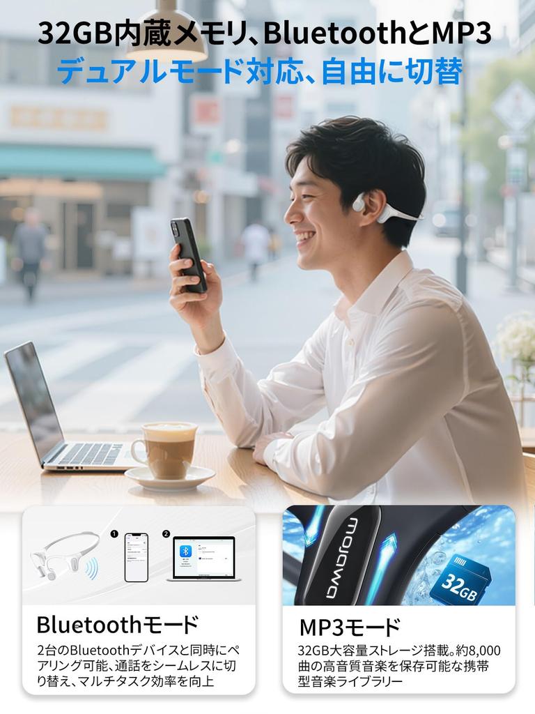 Mojawa RunPlus 2025 Wireless Bone Conduction Earphones, Open Ear, IP68 Waterproof, Amphibious, BluetoothMP3 Dual Mode, 32GB Built-in Memory, 8 Hours