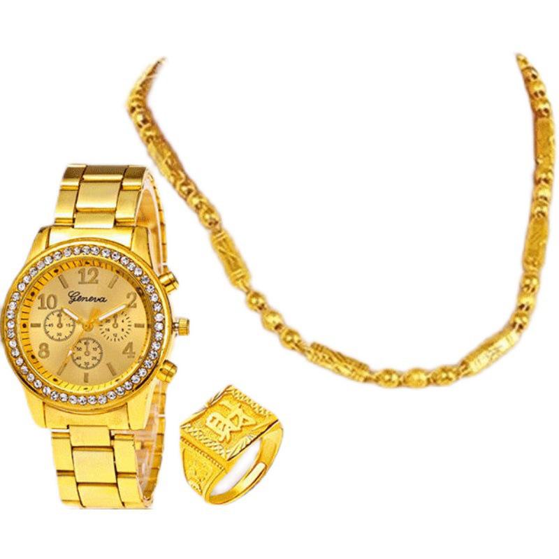 Unique Vietnam-Inspired Gold Necklace & Non-Fading Gold Watch Set for Men