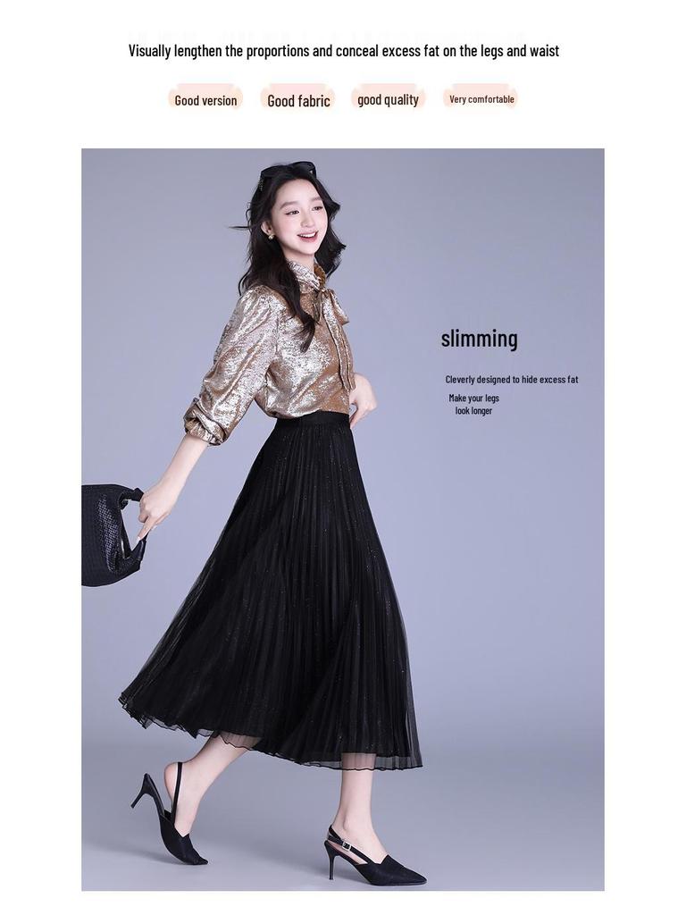 Solid Color High-Waisted Pleated Lurex Mesh Midi Skirt