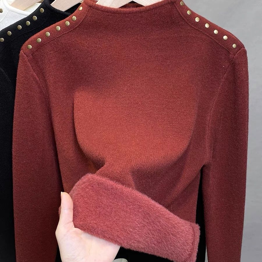 One Piece Velvet High Neck Sweater with Thick Velvet Base for Women Winter Rivet Knitted Sweater with Inner Top