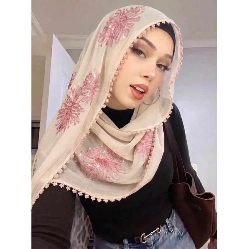 Lightweight Chiffon Scarf With Floral Embroidery Edge - Versatile Wrap Shawl Women Fall Winter