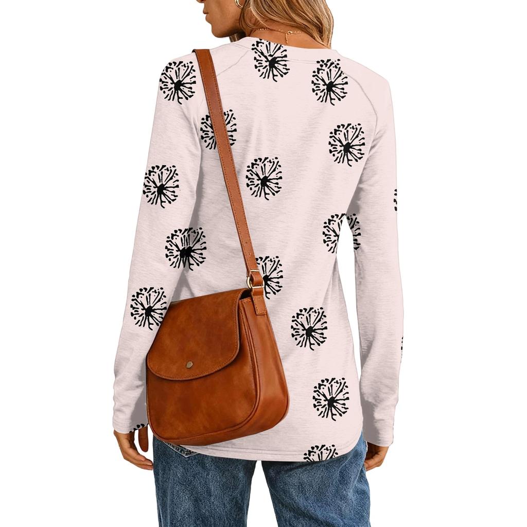 Dámský módní vintage top s květinovým potiskem, kulatým výstřihem a dlouhým rukávem